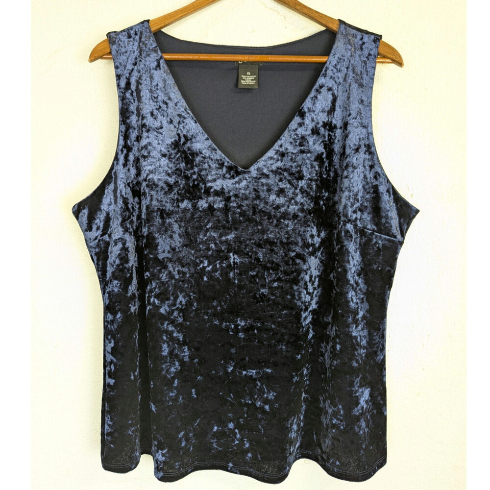 Velvet Tank Top Dark Blue Whimsigoth Witchy Crushed Sleeveless Blouse V Neck XL